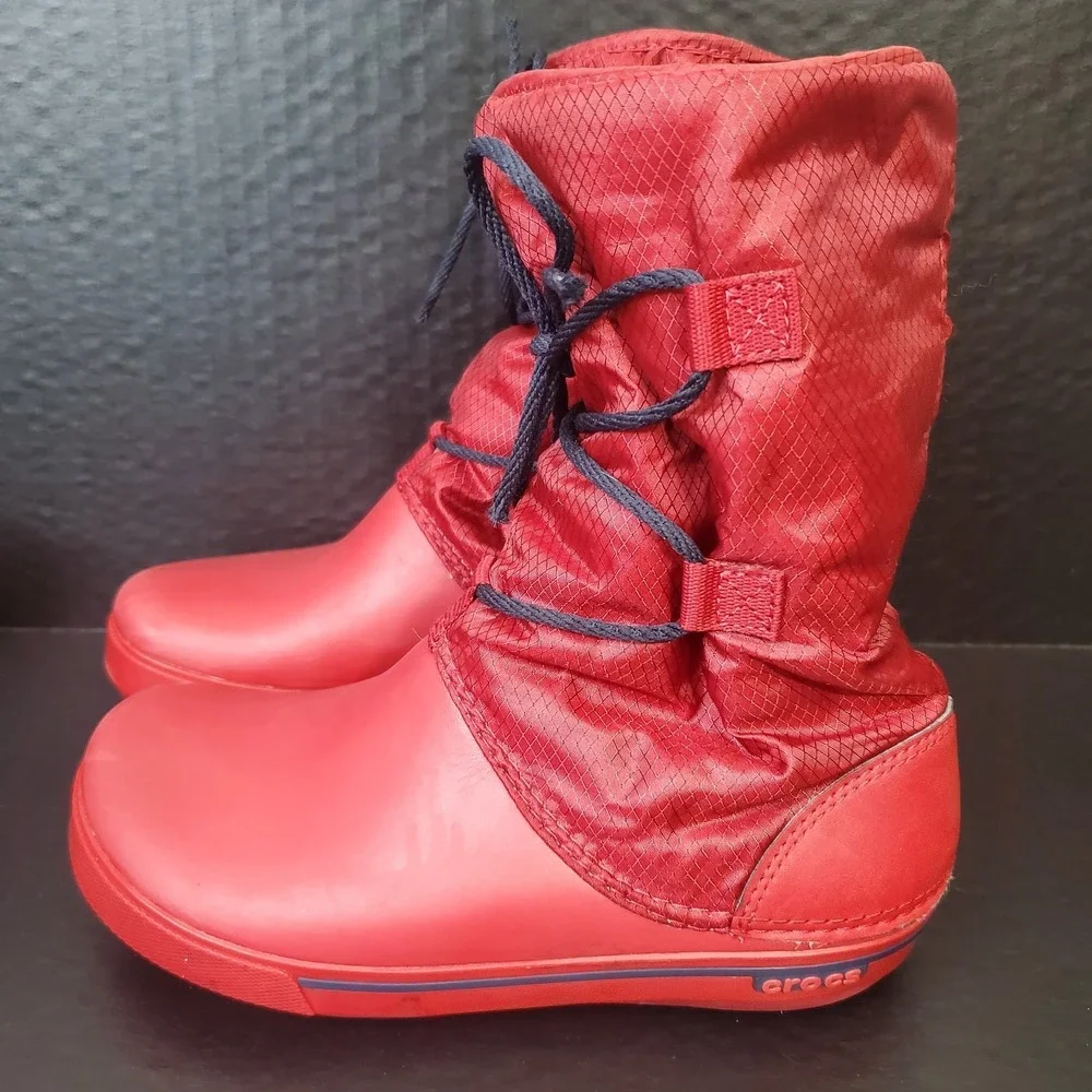 Crocs Crocband Boots Womens 6 Snow Rain Waterproof 201383 RED Fleece Lined READ*